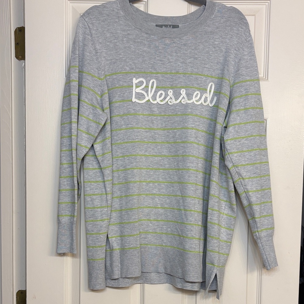 Marled Gray and Green Striped Crew Neck Sweater